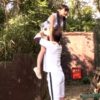 野外で持ち上げられてクンニされたりパイパンで素股をされる女の子